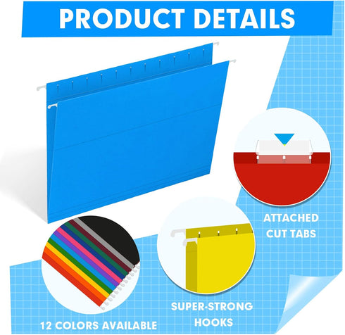 HERKKA Hanging File Folders, 60 Pack Reinforced Letter Size Hanging Folders with Heavy Duty Expansion, 12 Assorted