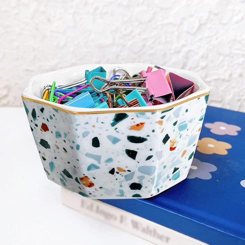 Paper Clip Holder Ceramic, Geometric Paperclips Holders Dispenser, Cute Terrazzo Marble Organizer for Desk