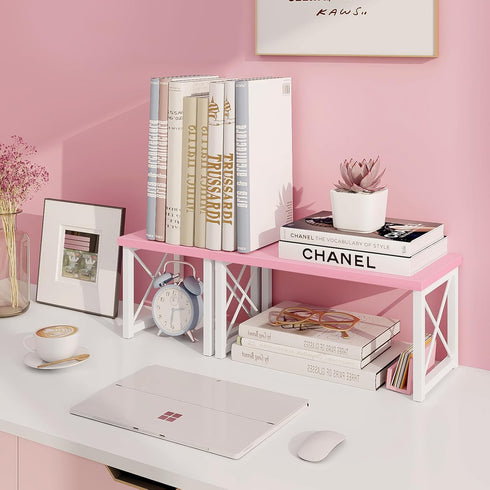 ELITEROO 2 Tier Desktop Shelf - Independent Stackable Desk Stand, Adjustable Freestanding Mini Bookshelf, Pink