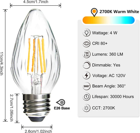 ROMANJOY F15 4W LED Light Bulbs, LED Porch Light Bulbs, E26 Medium Base, Dimmable 2700K Warm White LED Post Bulb 40w Equivalent, Outdoor Decorative Chandelier Lantern Lamp, 4-Pack by R ROMANJOY