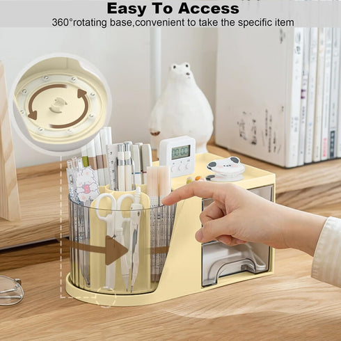Marte Vanci Desk Organizer, Plastic Makeup Organizer with Drawers, Rotating Pen Holder, Multifunctional Desk Caddy