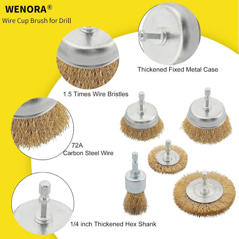 5 Pcs Wire Brush Wheel for Drill - Brass Wire Brush, 1/4 Inch Hex Shank for Rust Removal