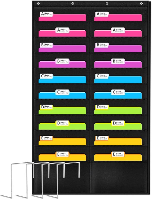 Godery Folder Pocket Chart (Black) - 20 Pocket Chart Wall Organizer for School, Home, Office