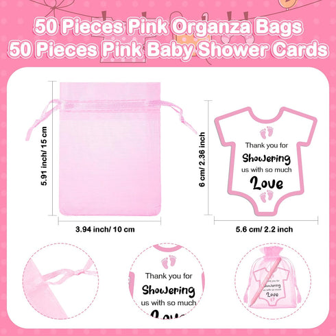 TaoBary 50 Sets Cute Pink Retractable Ballpoint Pens, Baby Shower Cards & Organza Bags, Gifts for Guests