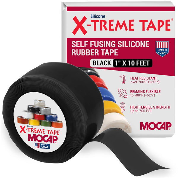 X-Treme Tape MOCAP Heavy Duty Electrical Tape, Self-Fusing Silicone Rubber, 1" x 10ft Roll, Black