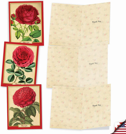 The Best Card Company 10 Assorted Thank You Notes Boxed Set, 4 x 5.12 Inch with Envelopes, Retro Roses