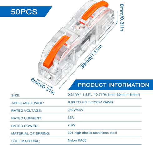 50 Pcs Compact Lever Wire Connector Assortment, Single Wire Splicing Connectors for 28 - 12 AWG (Clear, Orange)
