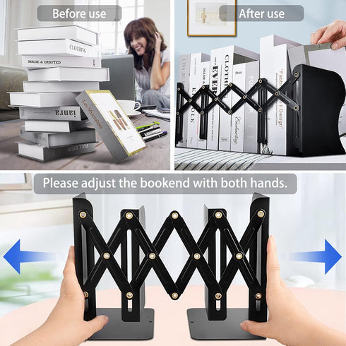 Carooyac Adjustable Metal Book Ends, Heavy Duty Decorative Bookends for Home Office, Kids Bookshelf, Magazine Holder