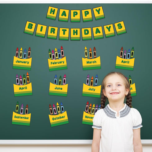 Set 68Pcs FYSUIMU Happy Birthday Bulletin Board Back to School Crayon Paper Cutouts Calendar Chart Poster with Glue