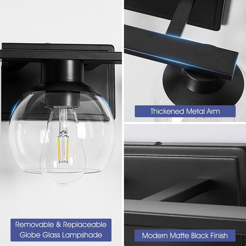 Set 2, Set E26 Bathroom Sconces of Black Wall Sconces of Two, Bathroom Vanity Light with Clear Glass Shade, Modern Wall