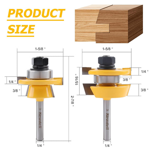 2Pcs Set 1/4 Inch Newdeli Shaker Rail and Stile Router Bit Shank Tongue and Groove Router Bits Professional Carbide