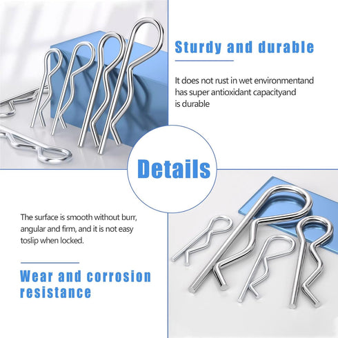 Cotter Pins, 220PCS R Clips Heavy Duty Zinc Plated Spring Fastener Assortment Kit for Hitch, Lawn Mower