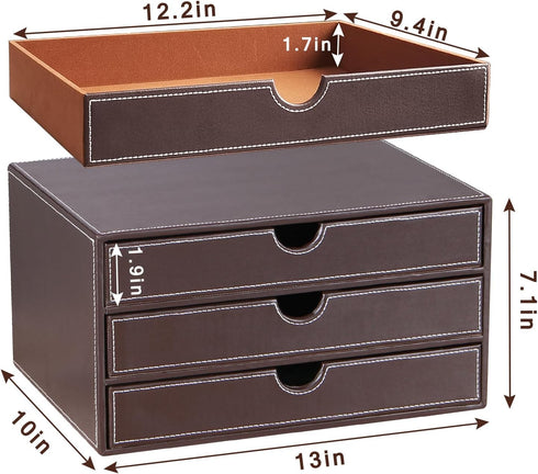 PU Leather Desk Organizer with 3 Drawers, Executive Office Supplies Desktop Filing A4 File Cabinet for Jewelry, Bill,
