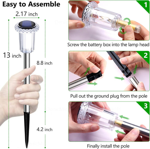 DenicMic 10 Pack 3000K Solar Lights Outdoor Waterproof Warm White LED Stainless Steel Stake Outside Lights for Yard