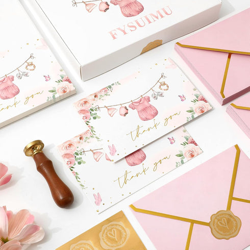 50 Pack 4 6 Inch FYSUIMU Baby Shower Thank You Card Pink Floral Clothes Greeting Card Foil Gold Flower Boxed Blank Note