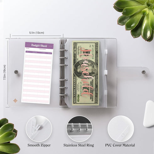 SOUL MAMA Budget Binder with Zipper Envelopes - Clear Money Organizer for Cash, A6 Cash Envelopes, Rose Gold Stickers