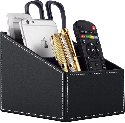 Fashionable Black PU Leather TV Remote Control Holder, 3 Compartments Storage Rack for Desk Organizers