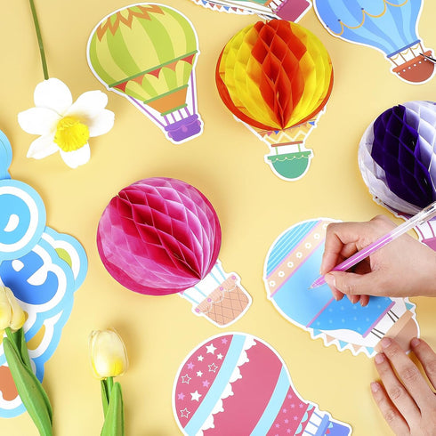 TaoBary 84 Pcs 3D Hot Air Balloon Honeycomb Bulletin Board Set with Caterpillars, Apple, Popcorn Cutouts for School