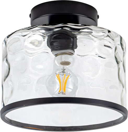 Zlepmlla Hammered Glass Ceiling Light, Black Semi Flush Mount with Glass Shade, Farmhouse Light Fixture for Hallway