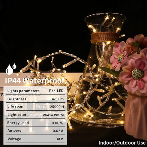 LED Christmas Tree Lights, 100 LED Mini Warm White String Lights Plug in, 8 Modes Outdoor Decorations for Party