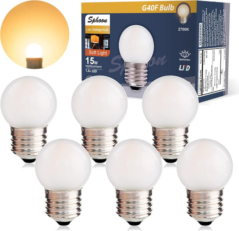 G40 Low Watt LED Light Bulbs, 6 Pack, 1.5W Soft Warm White 2700K, G14 Energy Saving Bulb, E26 Standard Base