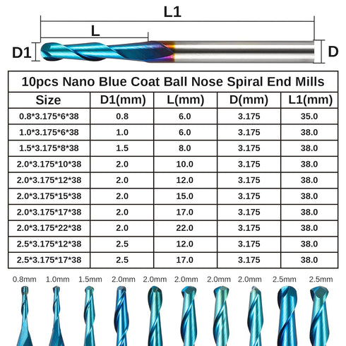 10pcs 2-Flute Nano Blue Coat Ball Nose Spiral End Mill, 1/8'' Shank, 0.8mm-2.5mm Cutting Diameter for CNC Router Bits