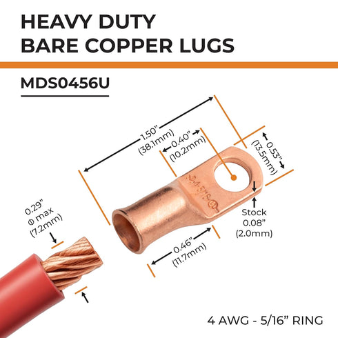 SELTERM 25pcs 4 AWG Battery Lugs, 5/16" Stud Ring Terminals, Heavy Duty Copper Wire Lugs, UL Bare Copper