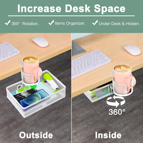 ROSYLINE 360° Rotation Under Desk Drawer, Rotary Storage Organizer with Cup Holder, Clamp Drawer Basket, White
