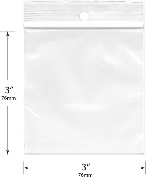 Plymor 3" x 3" Reclosable Plastic Bags, 2 Mil with Hang-Hole, Pack of 500