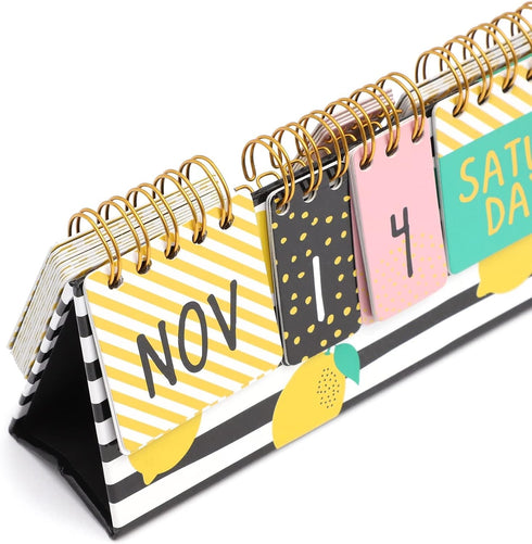 Lemon Perpetual Flip Calendar for Office Desktop, Classroom Supplies, Desk Calendar with Day, Date, Month Display (8 x