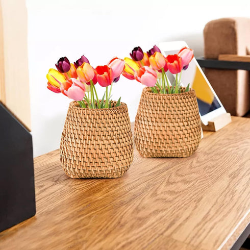 Hacaroa Set of 2 Handmade Rattan Pencil Holders for Desk, Wicker Pen Cup and Makeup Brush Organizer