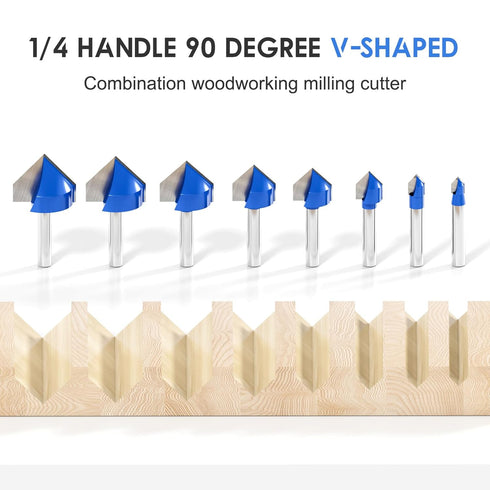 Wingsflee 1/4 Inch 90 Set 8 (1/4" 1") Shank Degree V Groove Router Bit - Sizes to Solid Carbide Double Flute for CNC