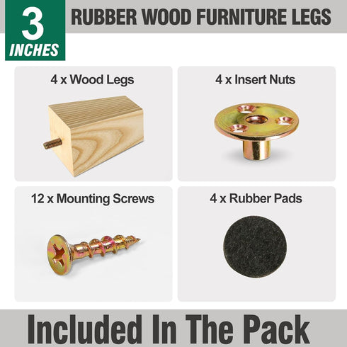 FoDau770 5/16"-18 3 Inch, Set 4, Bolts Square Furniture Legs Ash Wood Legs for Furniture of Mid Century Modern Feet