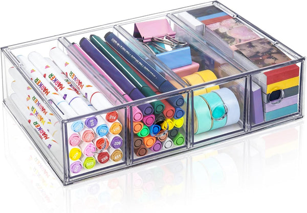 Desk Organizer with 4 Drawers, FODIENS Stackable Storage Box with Removable Drawer, Clear Organizer for Stationery,