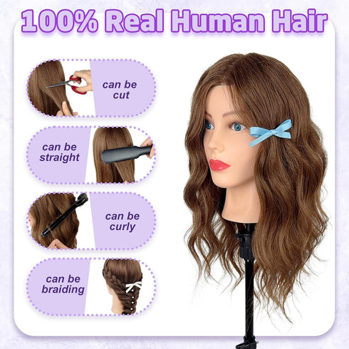 100% Mannequin Head Human Hair - Cosmetology Manikin Doll Head with Real Hair for Hairdresser Practice Styling Braiding