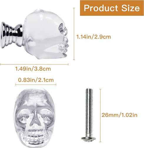 Milkary 10 Pcs Crystal Glass Door Knobs, Skull Clear Glass Wardrobe Pull Knobs with Screws, Drawer Knobs Handle