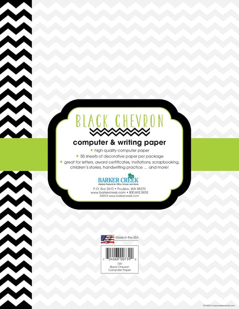 Barker Creek Designer Computer Paper, Black Chevron, 8.5” x 11”, Decorative Printer Paper, Stationery, 50 Sheets per Pkg, Home, School and Office Supplies (739) by BARKER CREEK