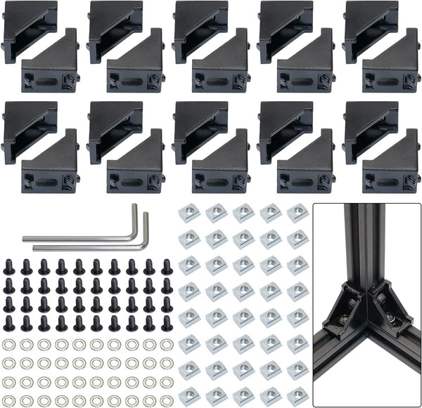 2020 Corner Bracket Kit, 20pcs Corner Brackets, 40pcs Hex Screws, 40pcs Slide Nuts, 40pcs Washers, 2pcs Hex Wrenches