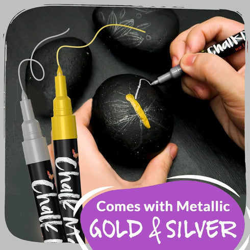 Extra Fine Tip Liquid Chalk Markers (10 Pack) with Gold & Silver, Erasable Marker Pens for Blackboard, Windows