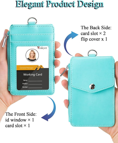 Teskyer Badge Holder with Side Zip Pocket, Leather ID Holder Wallet with Neck Lanyard for Office Staffs
