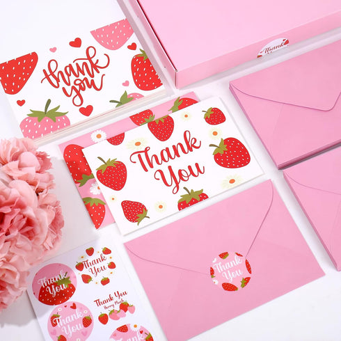 50 4 6 Inch Whaline Pcs Strawberry Thank You Cards Greeting Cards with Envelopes Stickers Pink Fruit Blank Note Cards