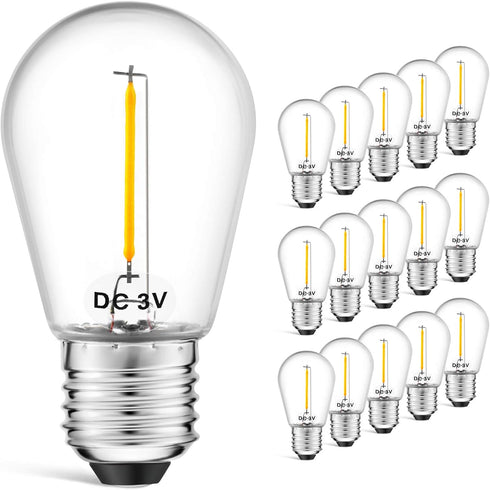 LED S14 Low Voltage (DC 3V) Replacement Bulbs, E26 Base, 15 Pack, Clear for Outdoor Solar String Lights