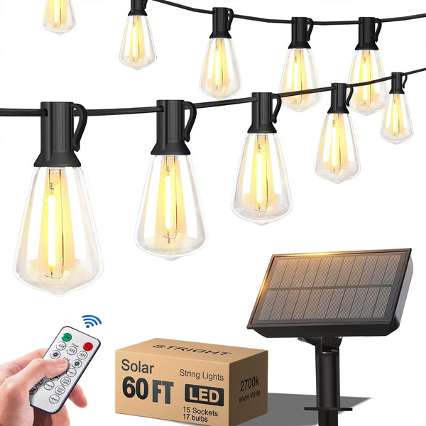 Stright 60FT Solar String Lights Outdoor Weatherproof with Remote, Solar Powered LED