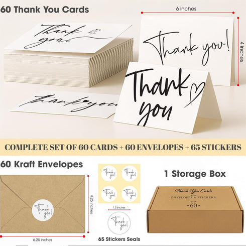 Kerpa 60 Pack 4x6 Inch Thank You Cards Bulk with Kraft Envelopes and Stickers Elegant Minimalist Designs, Perfect