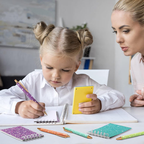 Sherr 16 Pcs Glitter Notebooks and Pens, Mini Pocket Notepads, Colorful Ballpoint Pens for Kids and Office Supplies