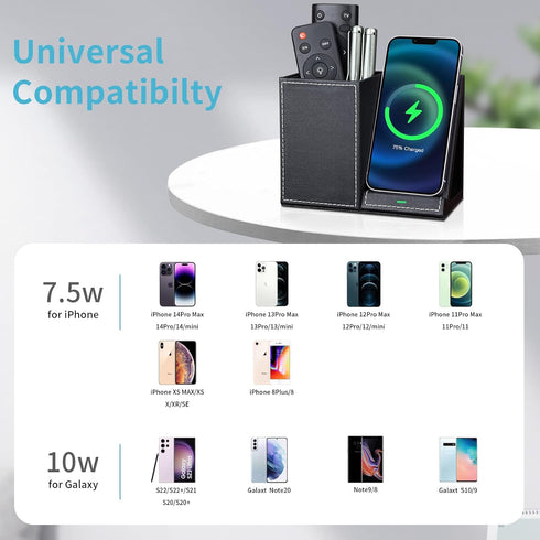 KINGFOM PU Leather Desk Organizer - Wireless Charging Station for iPhone, 10W Charger for iPhone 14/13/Samsung Galaxy,