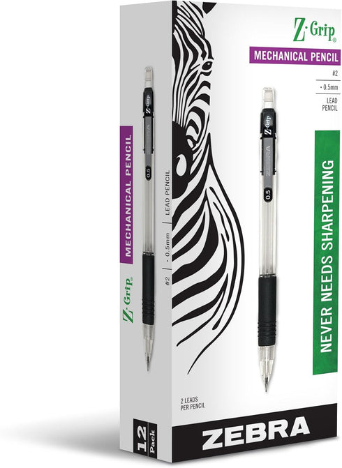 Zebra Pen Z-Grip Mechanical Pencil, 0.5mm Point Size, HB #2 Graphite, Black Grip, 12 Pack