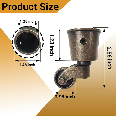 4PCS 2.6 1.5 Inch Cups Swivel Wheel Caster x Vintage Swivel Round Cup Caster for Furniture, Piano Stands, Tables