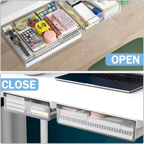 Large Under Desk Table Drawer Storage Organizer A4, Hidden Self-Adhesive Pencil Tray Drawer for Office - Clear White
