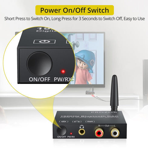 PROZOR 192k Digital to Analog Audio Converter with Bluetooth 5.0 Receiver Digital Toslink Optical to 3.5mm, Coaxial Toslink to Analog Stereo L/R 3.5mm Audio Adapter
